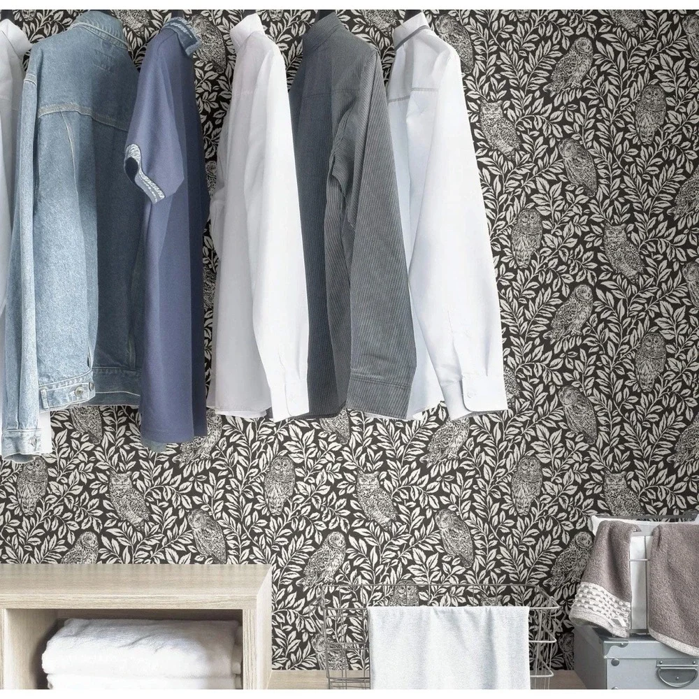 NuWallpaper NUS3625 Sleepy Owls Peel & Stick Wallpaper, Charcoal